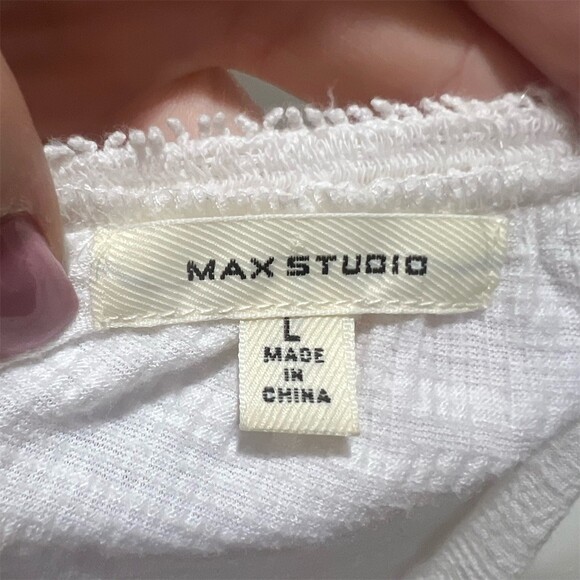 Max Studio Blouse Womens Size L Ivory Peasant V-Neck Tassel Tie Boho - Picture 7 of 7